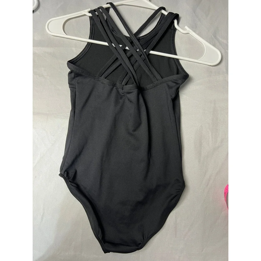Girls Black Strappy Crisscross Back Gymnastics Dance Leotard Pink Sleeveless